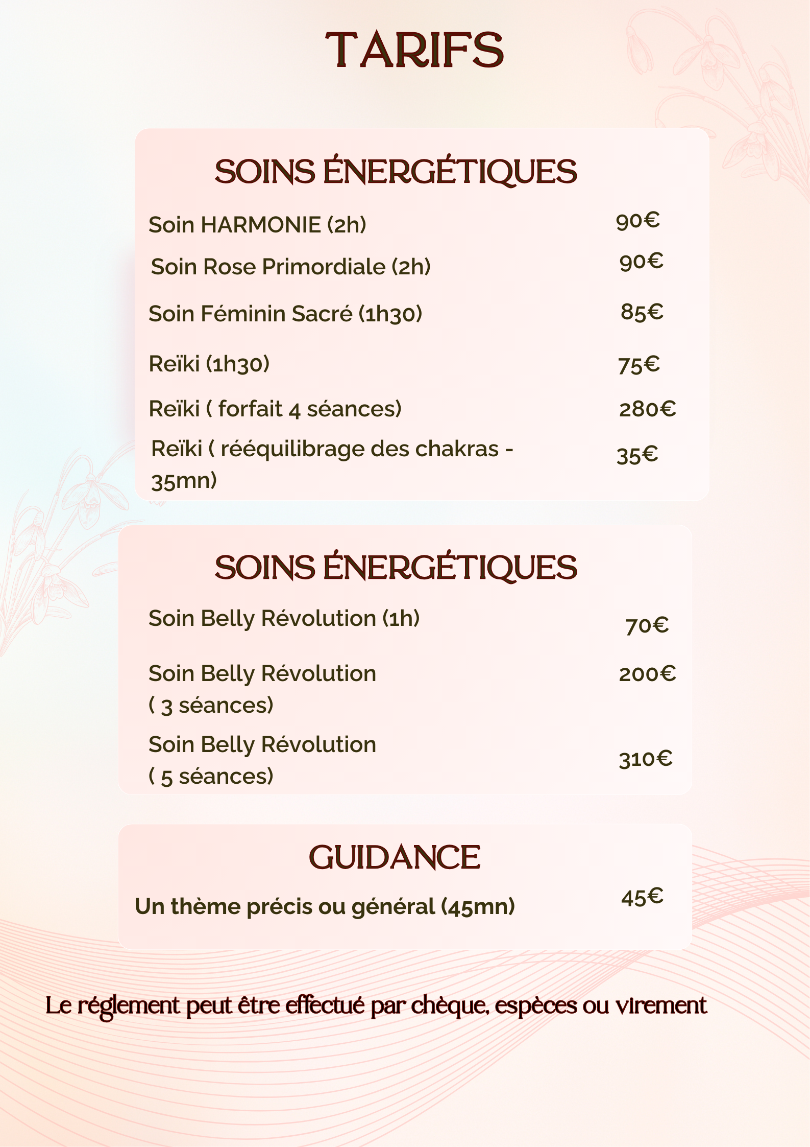 Tarif du cabinet de soins éneragétiques à Cenon